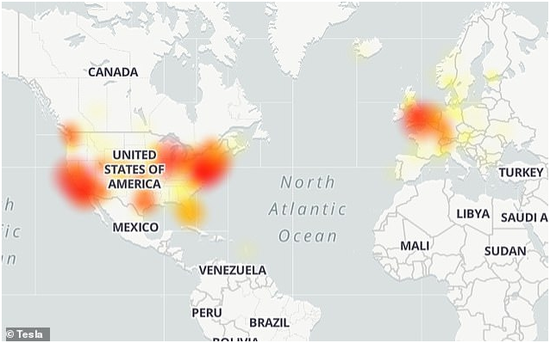 全球特斯拉车主报告的网络中断热点图  图片来源：DownDetctor