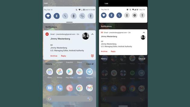 ▲左：Android 12 开发者预览版 1，右：Android 11